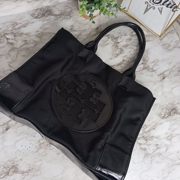 TORY BURCH ELLA tote bag black nylon and patent leather - Picture 1 of 11